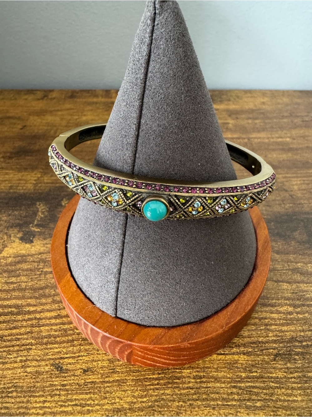 Heidi Daus Turquoise Multicolor Crystal Hinged Bangle Bracelet Gold Tone